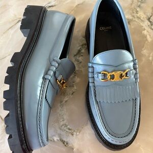 Celine Sky Blue Loafers with Gold Detail
